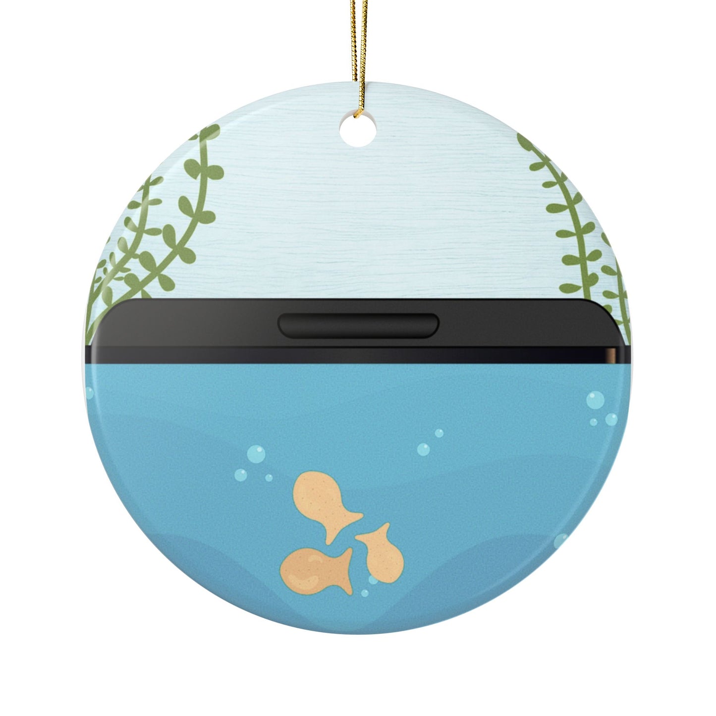 Round decorative item with fishbowl design on a blue background and plants