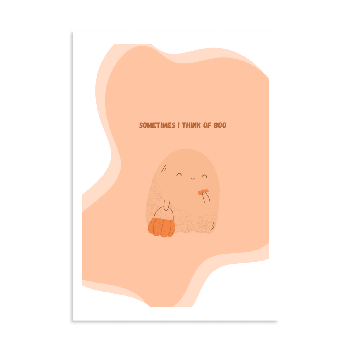 A vertical art print featuring a cute, minimalist cartoon character with a pumpkin bag and a small orange bow, set against an abstract peach and orange background. The text 'SOMETIMES I THINK OF BOO' is printed above the character.