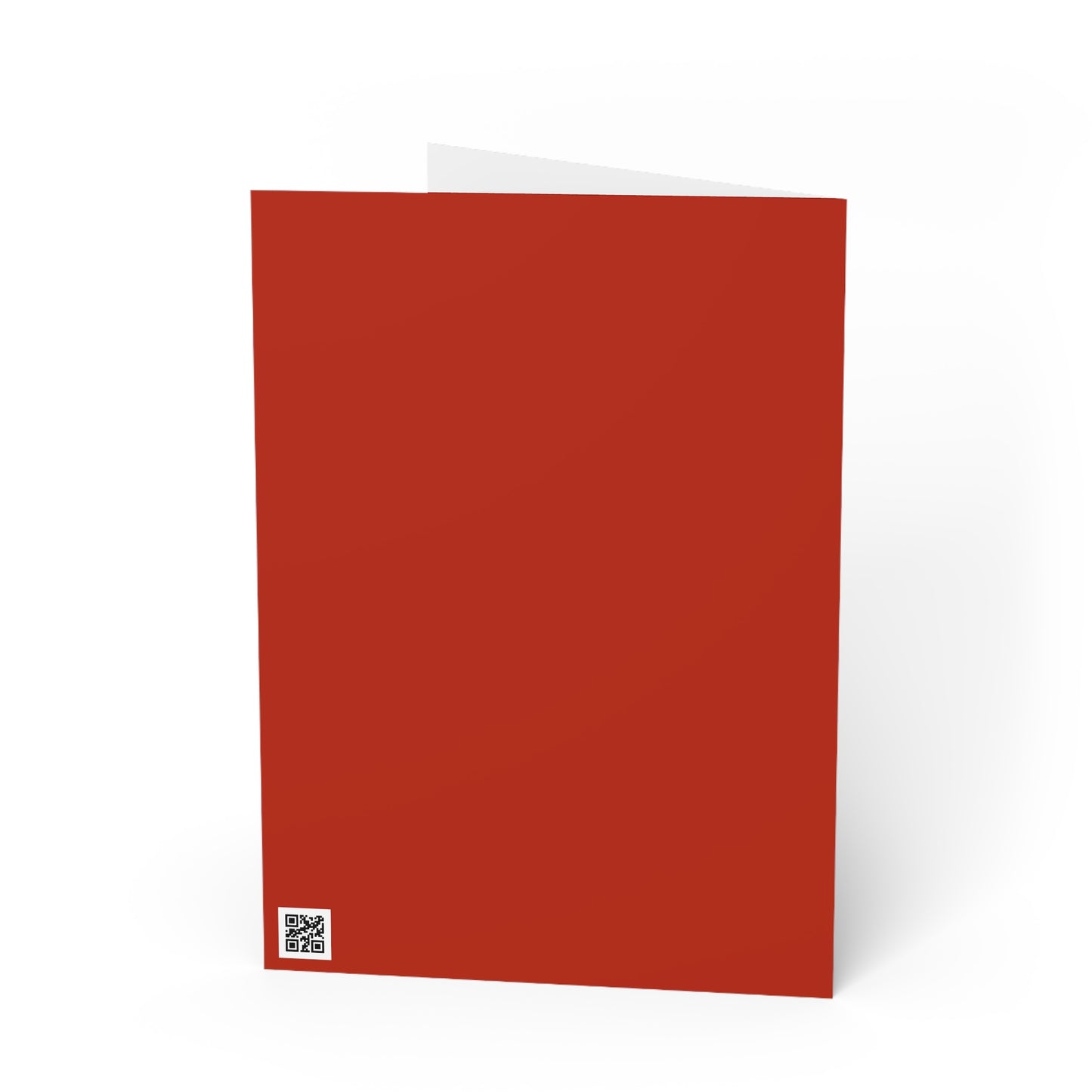 Red greeting card with a QR code on a white background