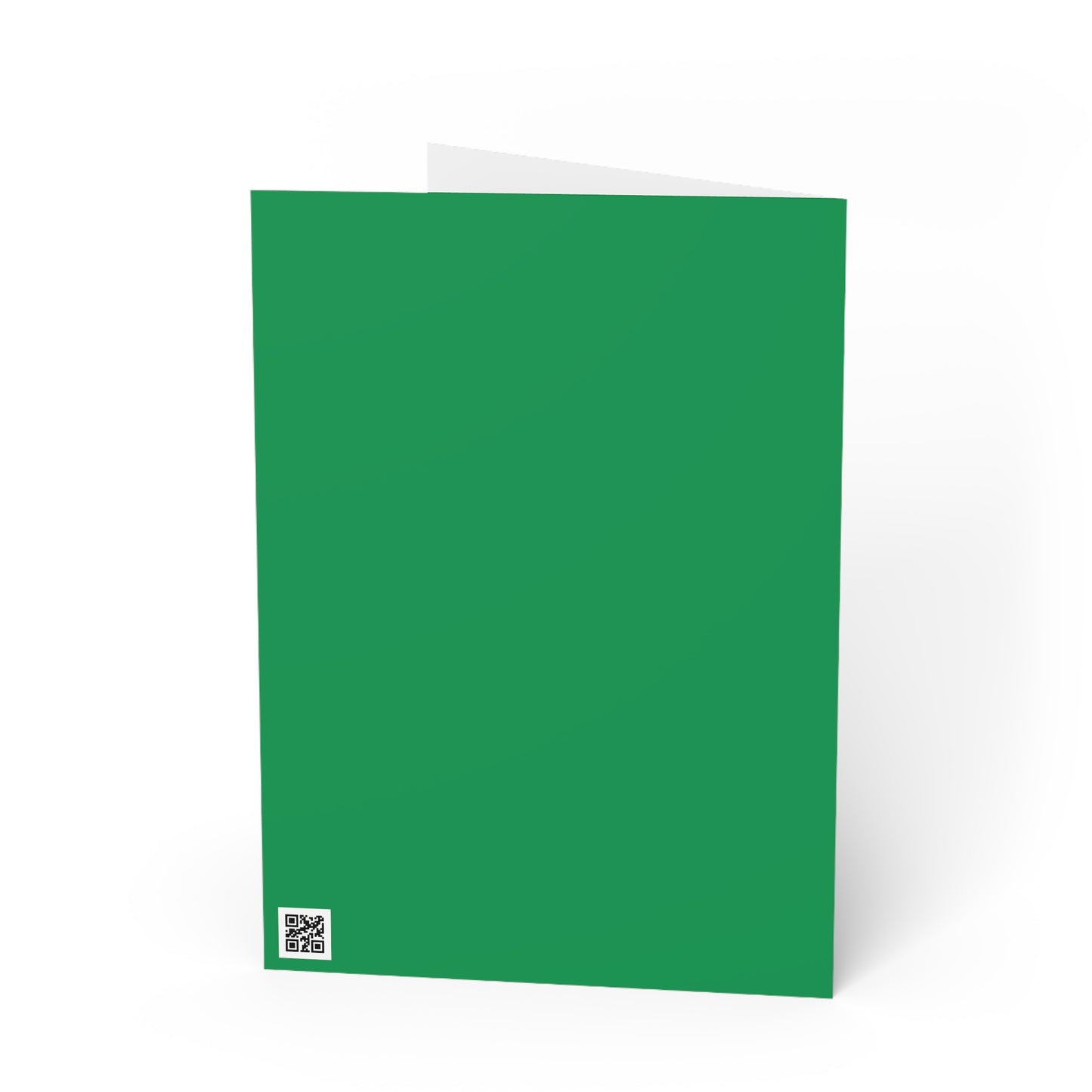 Green greeting card with a QR code on a white background