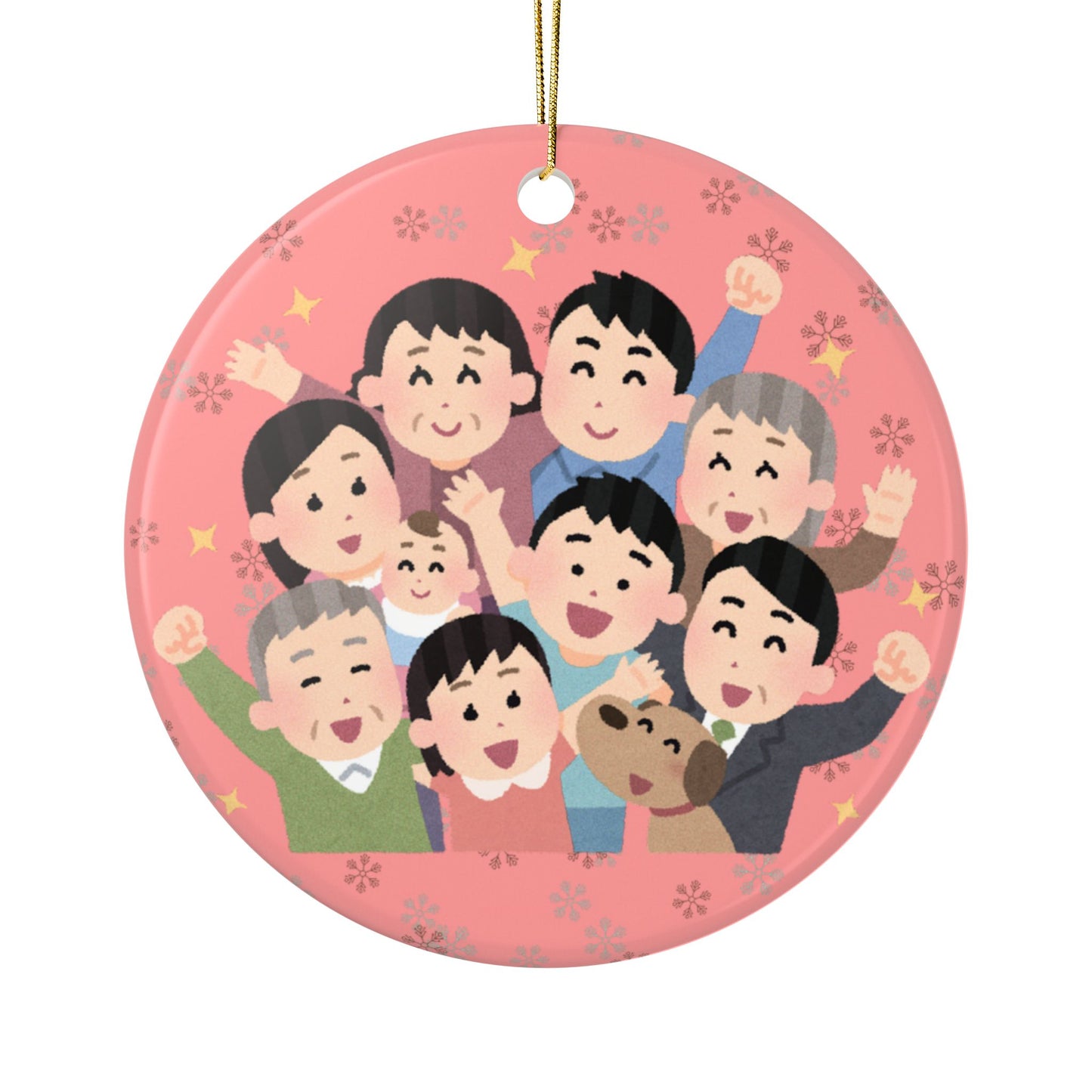 Decorative ornament with cartoon family illustration on a red background