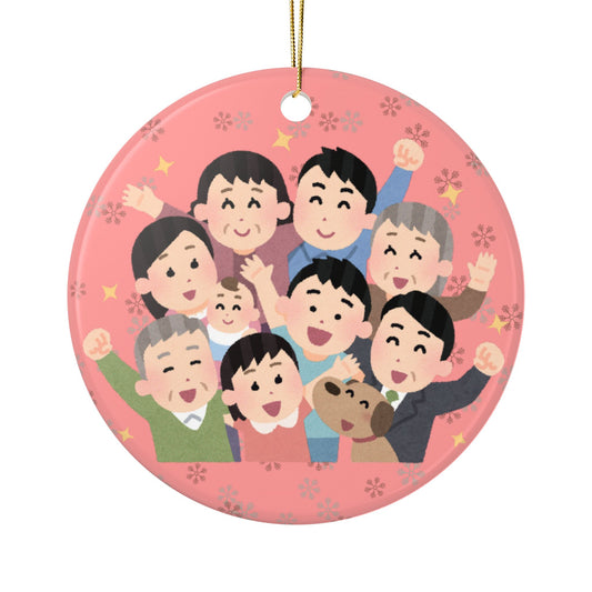 Decorative ornament with cartoon family illustration on a red background