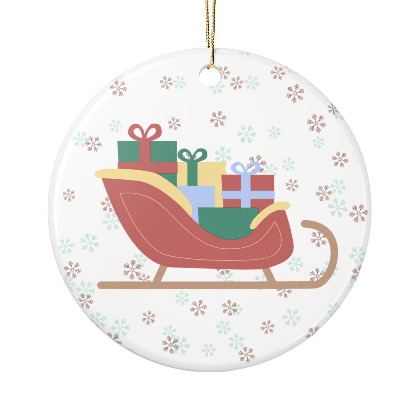 Christmas ornament with Santa's sleigh and presents on a white background with snowflakes patterns