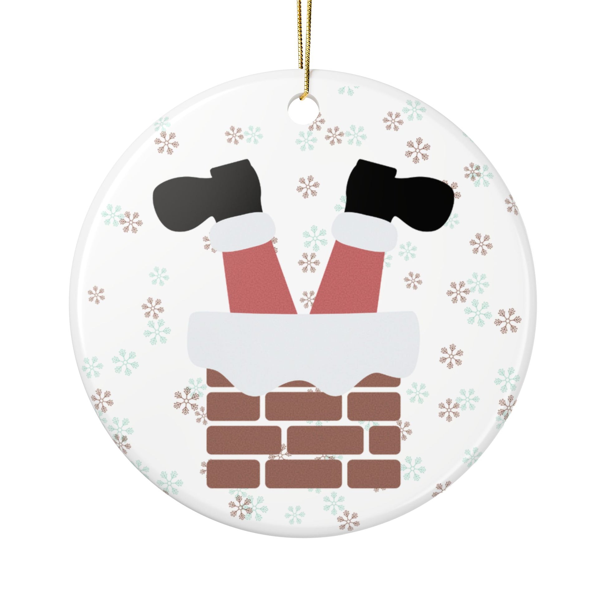 Christmas ornament with Santa's legs in a chimney on a white background
