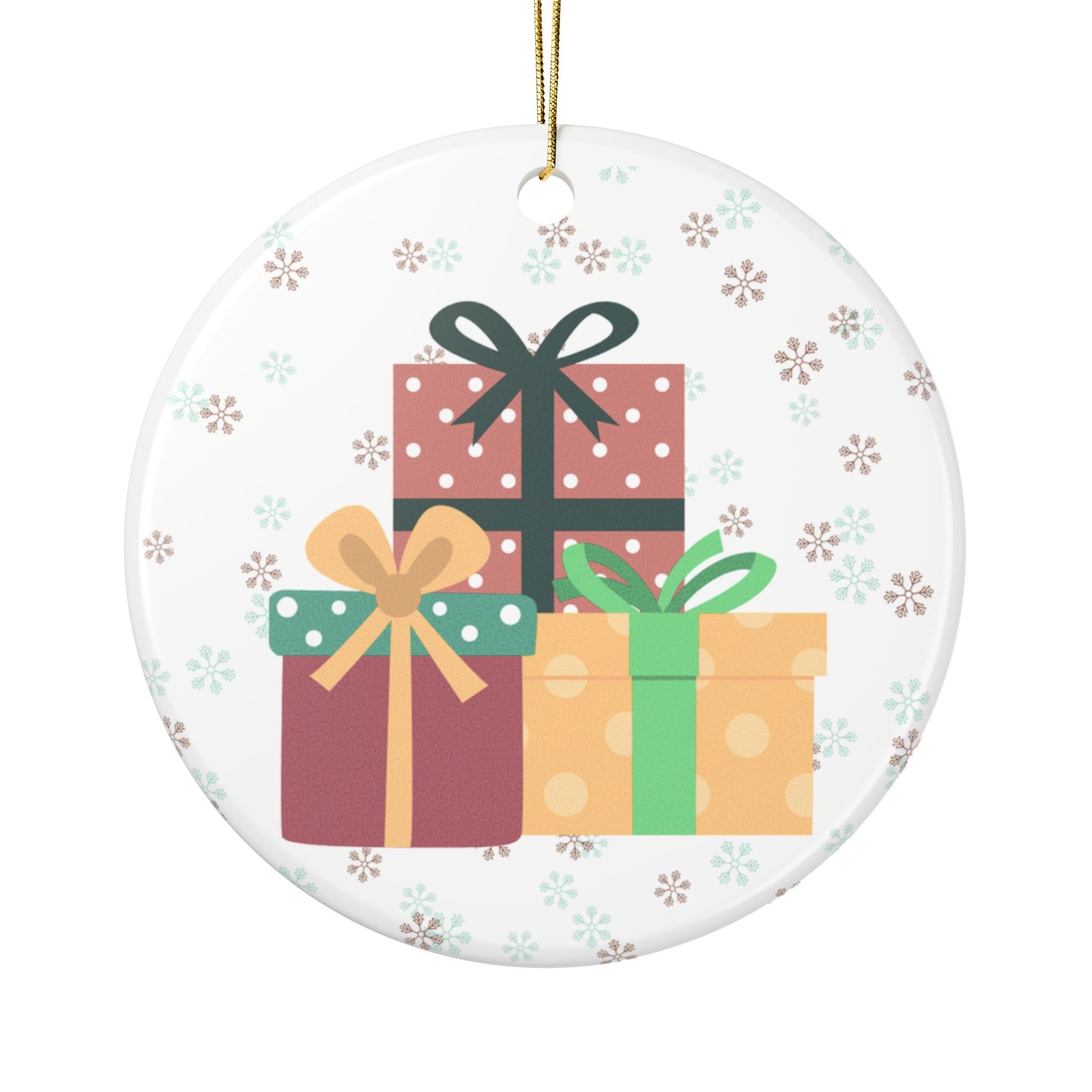 Decorative Christmas ornament with colourful gift boxes and ribbons on a white background with snowflakes patterns.