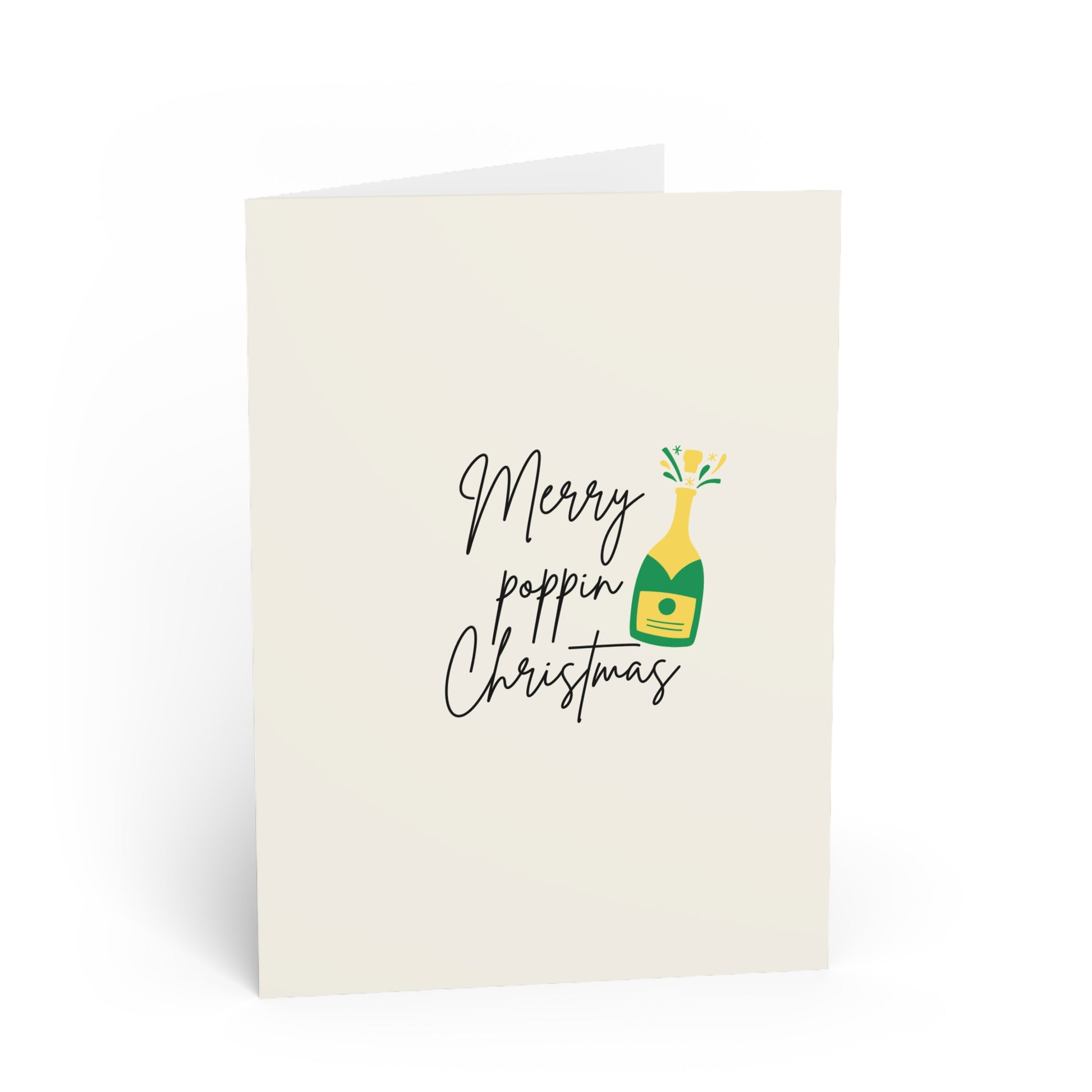 Greeting card with 'Merry poppin Christmas' text and champagne bottle illustration on a white background