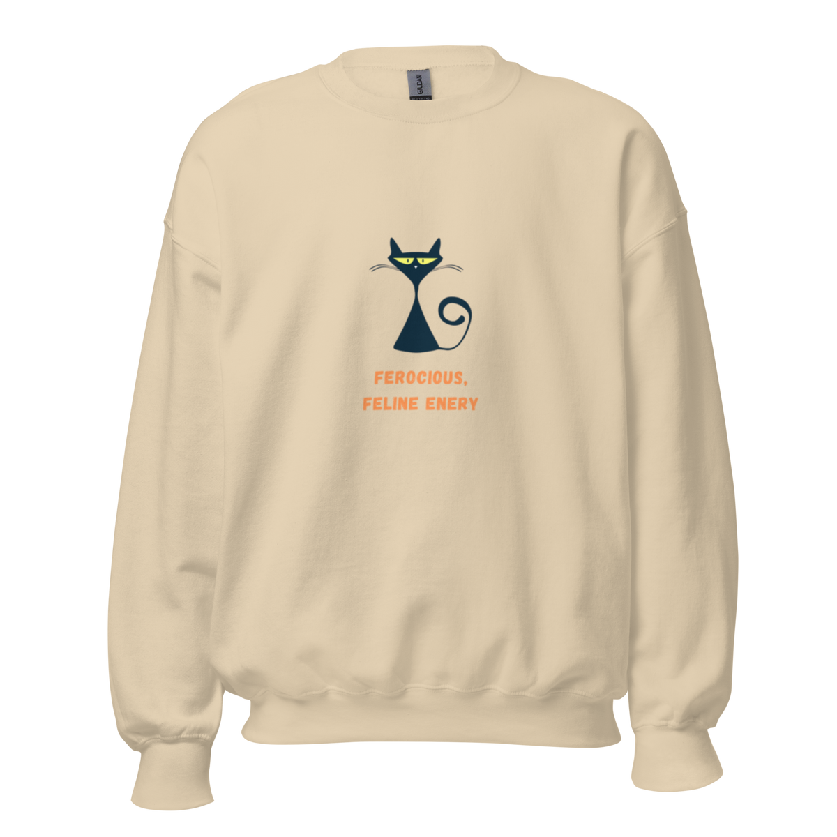 Beige sweatshirt with red and black text on a white background