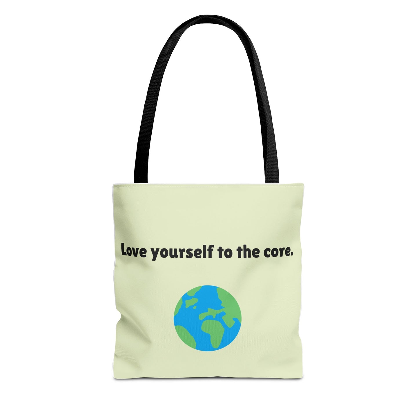 Tote bag with 'Love yourself to the core.' text and Earth graphic on a white background