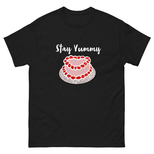 Black t-shirt with a cake graphic and 'Stay Yummy' text on a white background