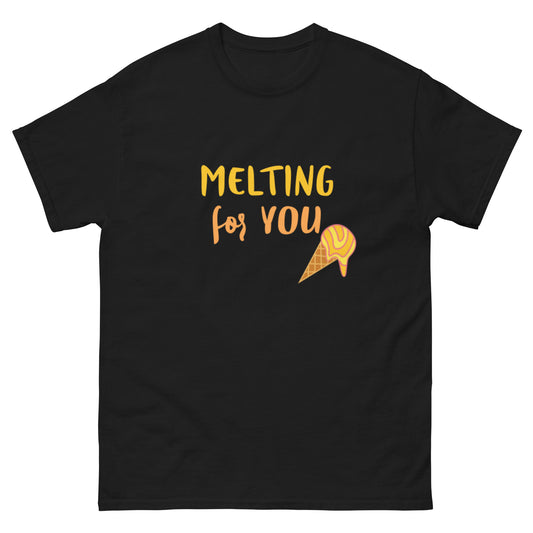 Black t-shirt with yellow text 'Melting for You' and ice cream graphic on a white background