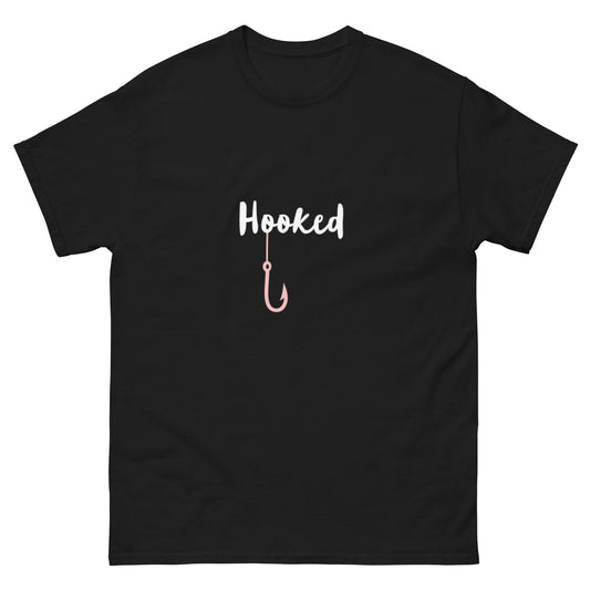 Black t-shirt with 'Hooked' text and fish hook graphic on a white background