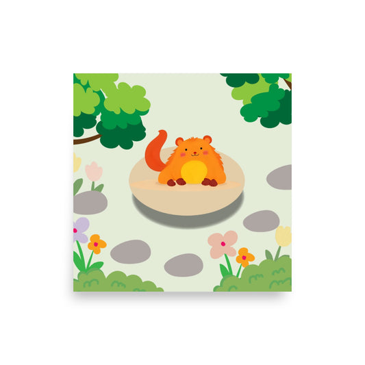Illustration of a red critter on a stone in a forest setting with trees, flowers, and rocks.