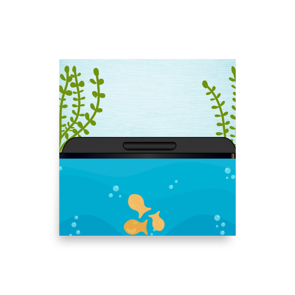 Illustration of a fish tank with goldfish, plants, and bubbles on a light blue background.
