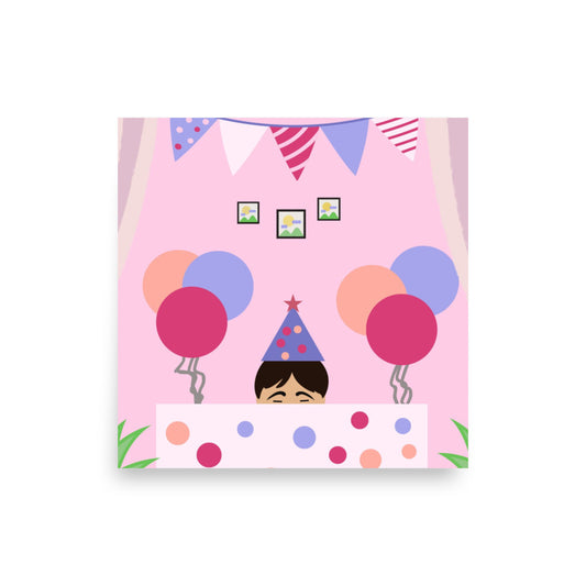 Children's birthday card art poster with  balloons, bunting and a party hat on a pink background