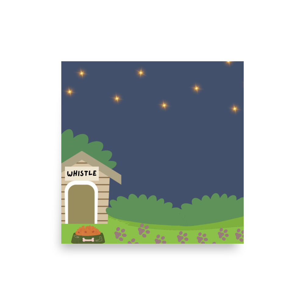Illustration of a doghouse with 'Whistle' name plate on a starry night sky background