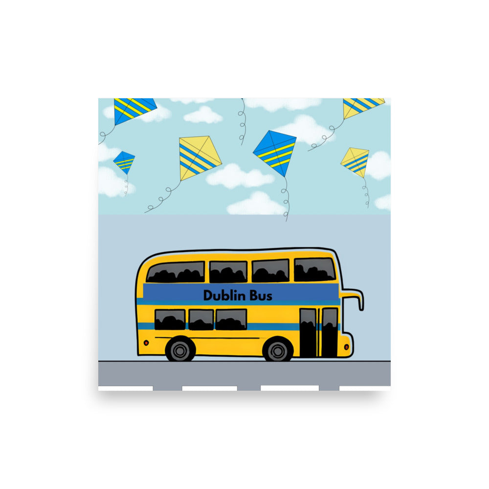 Dublin Bus illustration with kites on a blue sky background