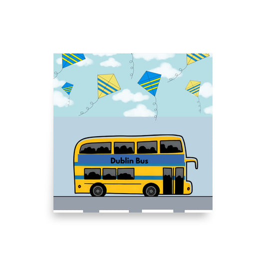 Dublin Bus illustration with kites on a blue sky background