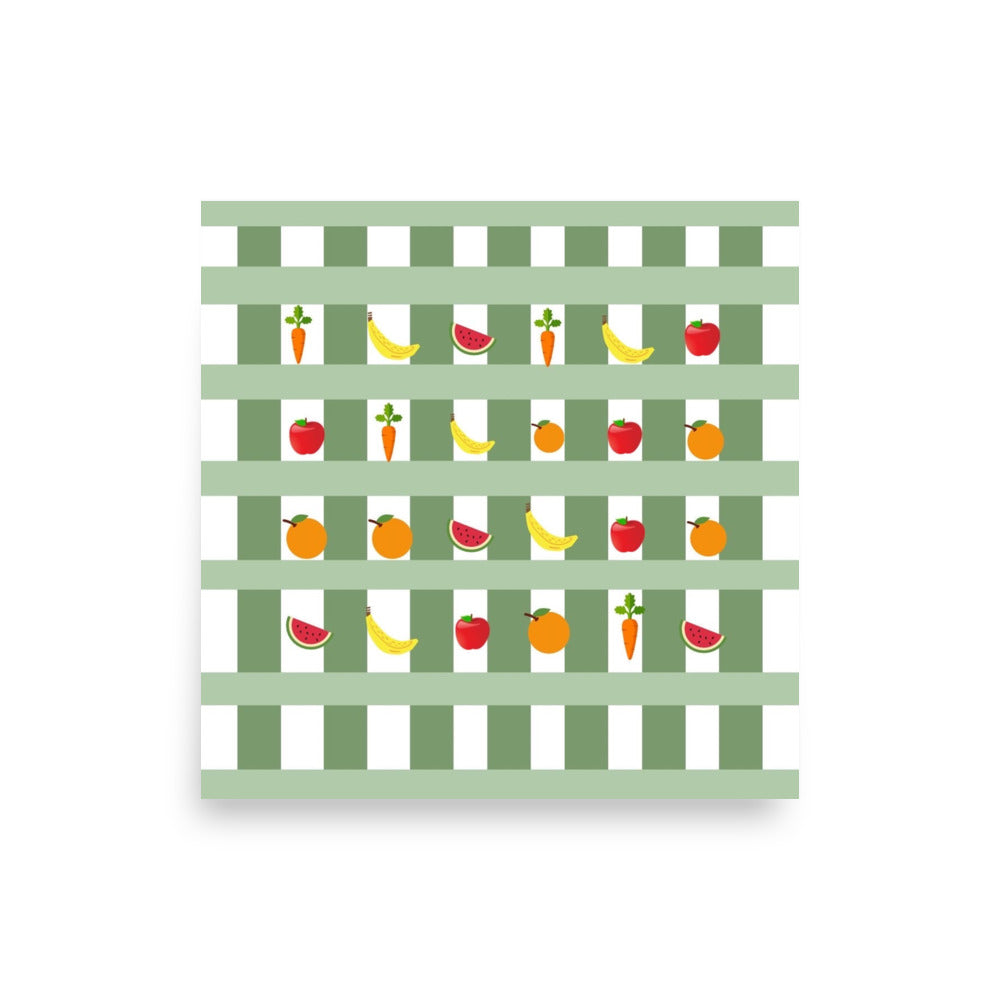 Green and white striped pattern with colourful fruit and vegetable illustrations on a white background