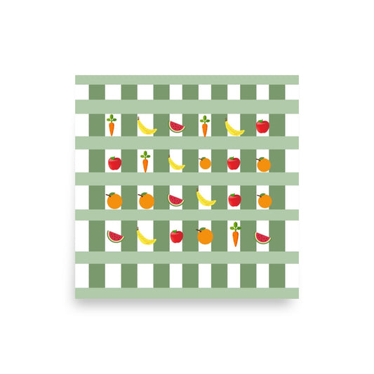 Green and white striped pattern with colourful fruit and vegetable illustrations on a white background