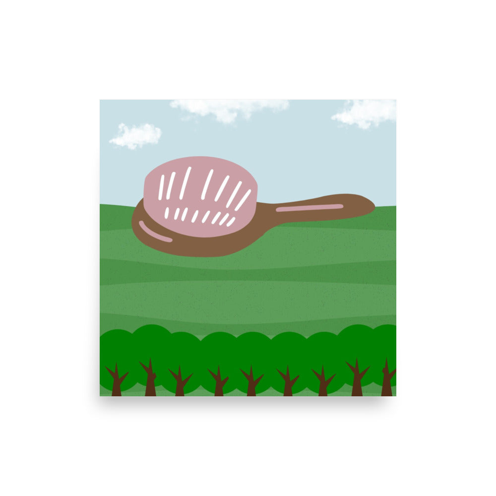 Illustration of a pink hair brush on a green field with trees and blue sky.
