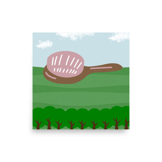 Illustration of a pink hair brush on a green field with trees and blue sky.