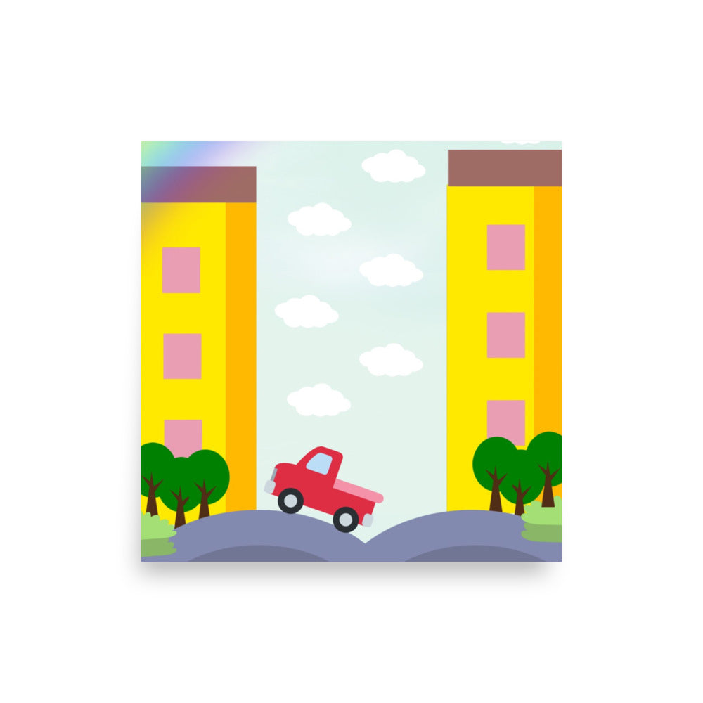 Illustration of two yellow buildings with pink windows and a red car in the middle, on a light blue background with white clouds.