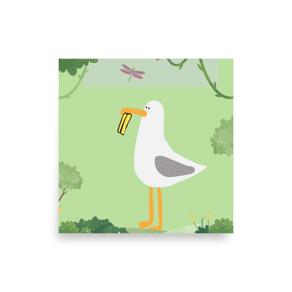 Illustration of a seagull on a green background with trees and a dragonfly.