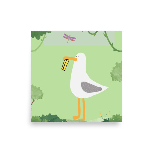 Illustration of a seagull on a green background with trees and a dragonfly.
