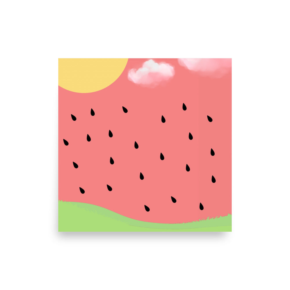 Illustration of a watermelon with a yellow sun and green grass on a pink background.