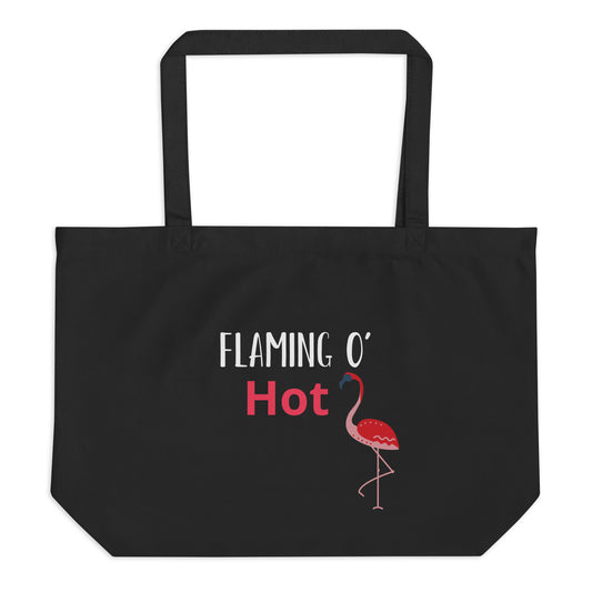 A black tote bag with "Flamingo Hot" text and a flamingo illustration on a white background