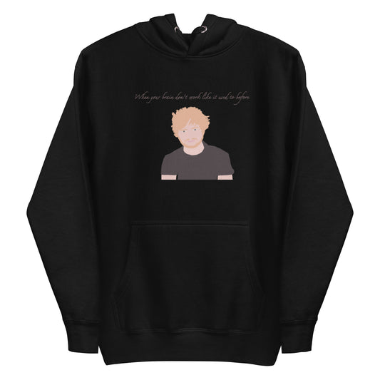 Black hoodie with white logo on a white background
