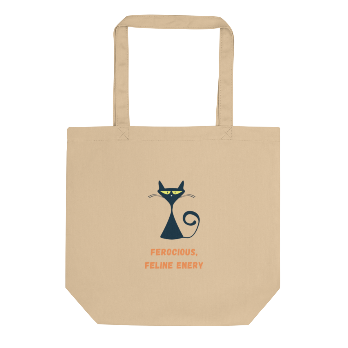 A beige canvas tote bag with a graphic of a black cat with glowing green eyes and orange text that reads 'FEROCIOUS, FELINE ENEMY'.