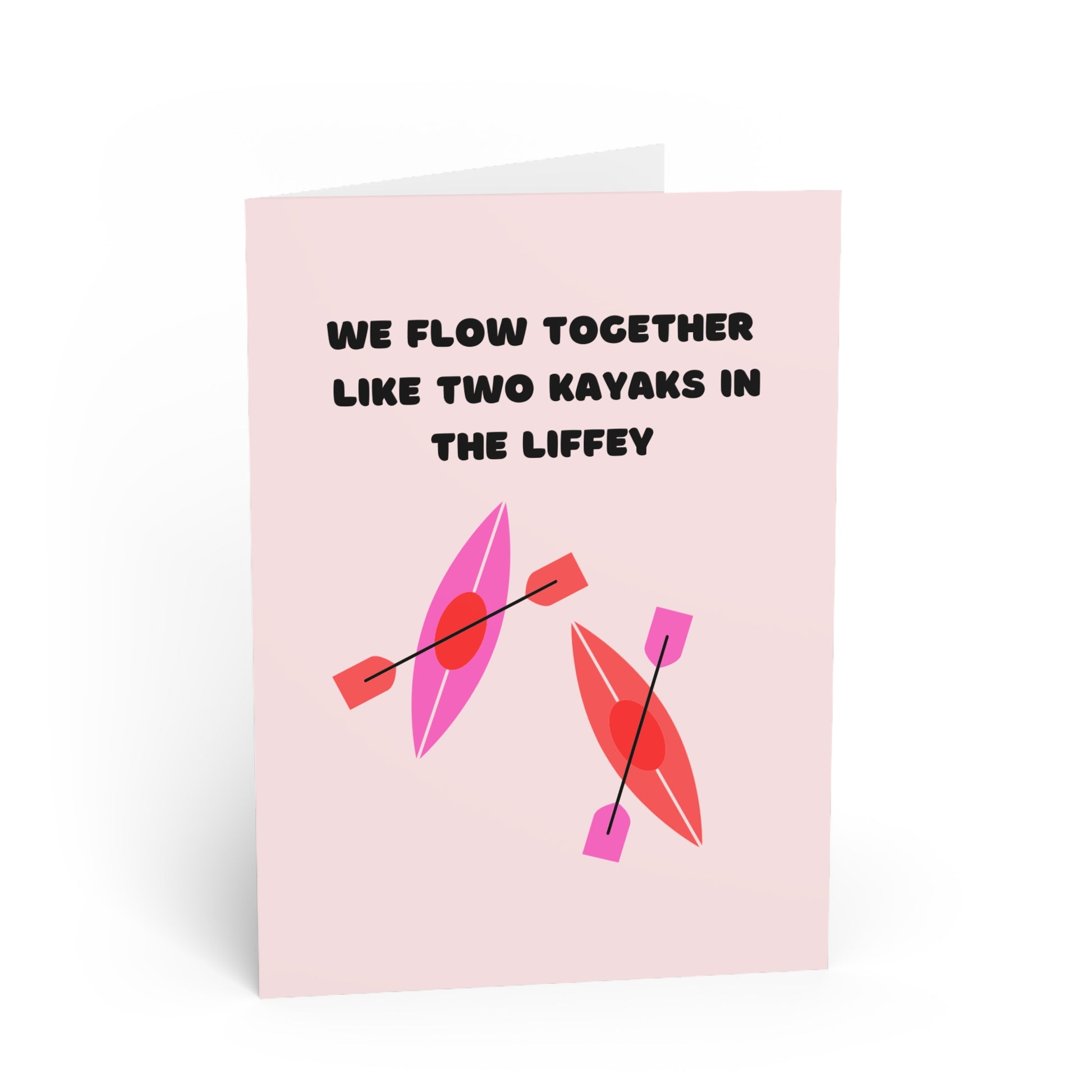 Greeting card with kayaks and text on a pink background