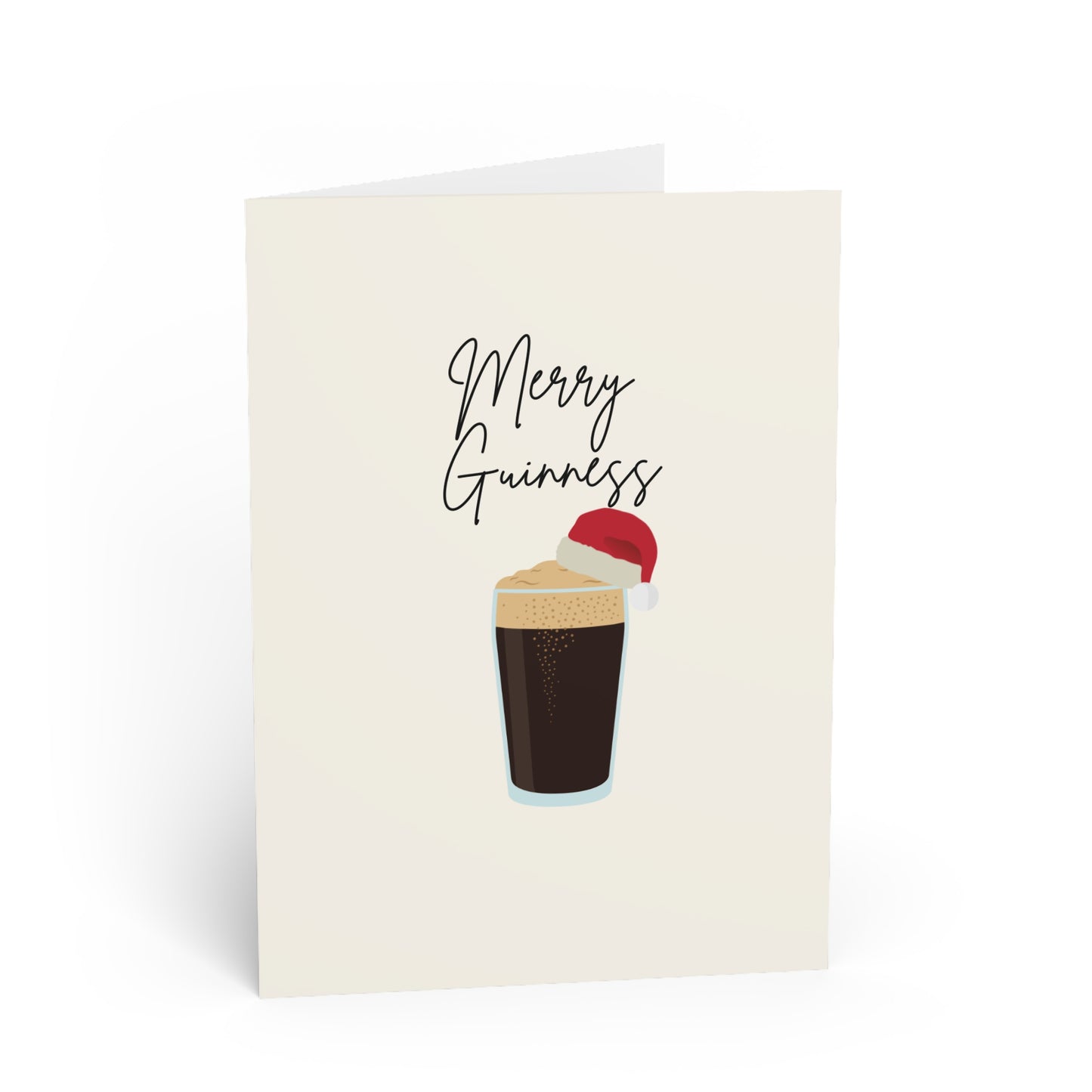 Greeting card with a glass of Guinness wearing a Santa hat and 'Merry Guinness' text on a white background.