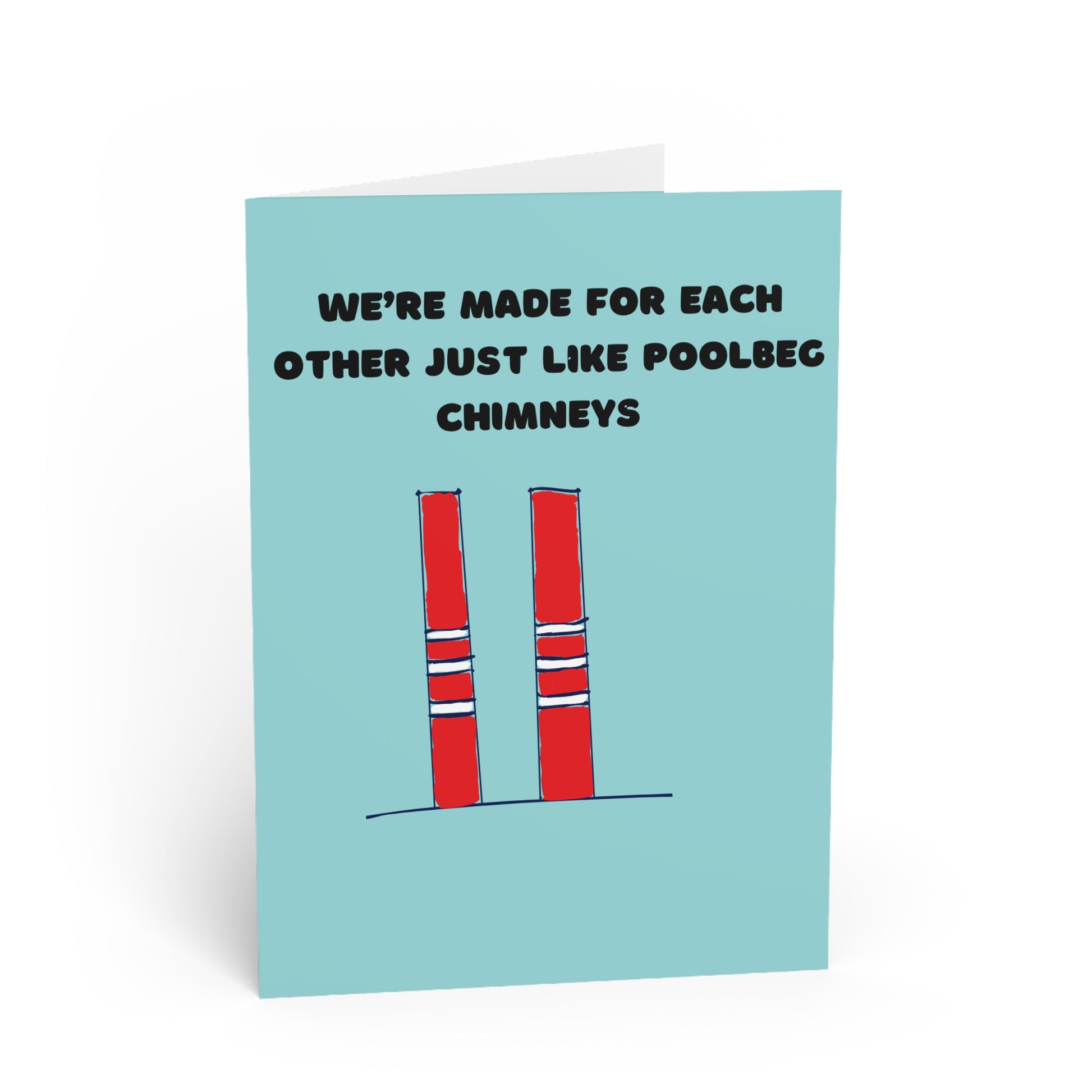 Greeting card with poolbeg chimneys illustration and text on a light blue background