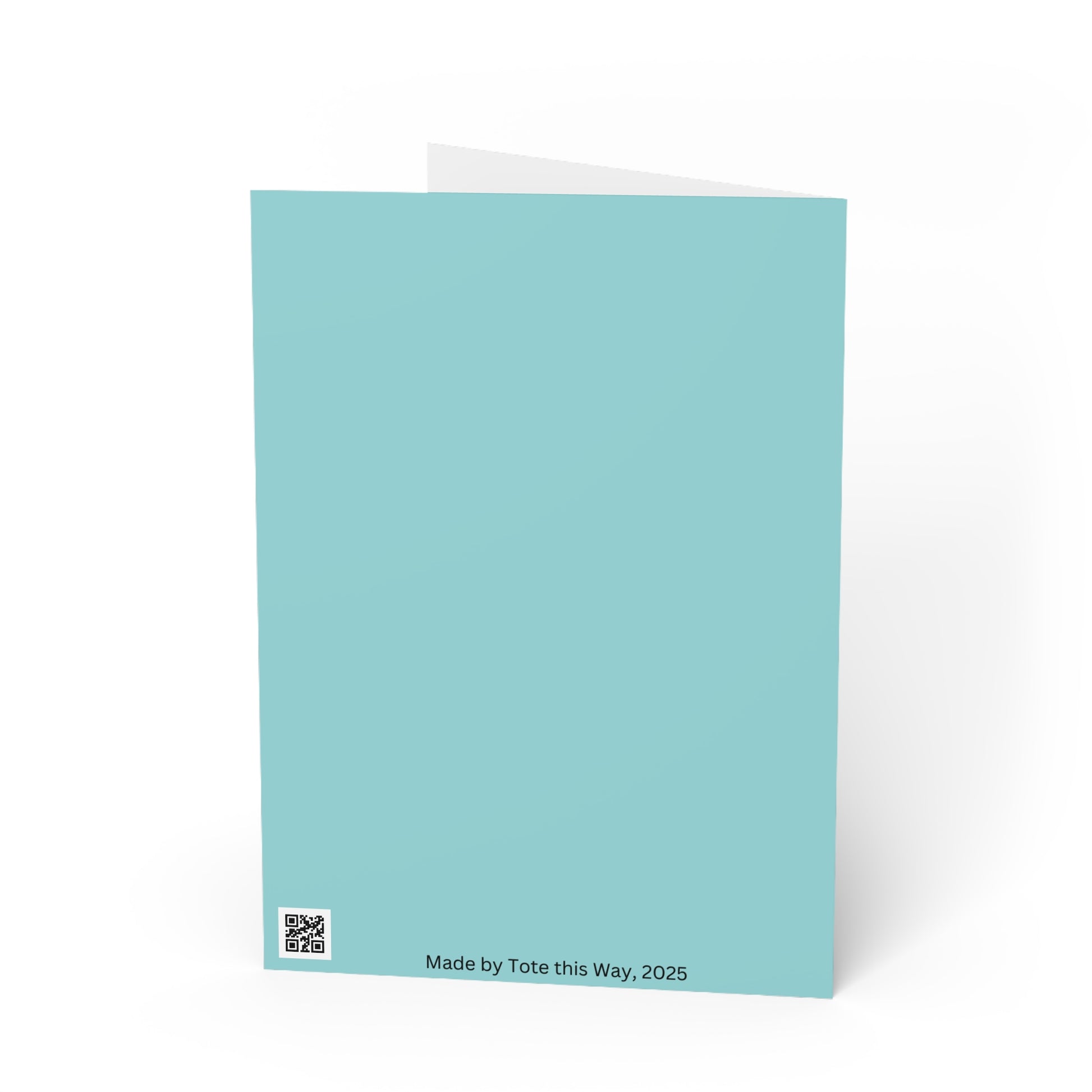 Turquoise greeting card with a QR code and text on a white background