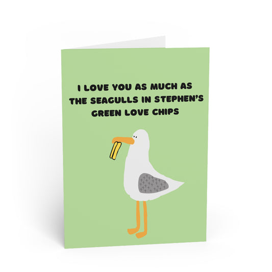 Greeting card with a seagull illustration and humorous text on a green background