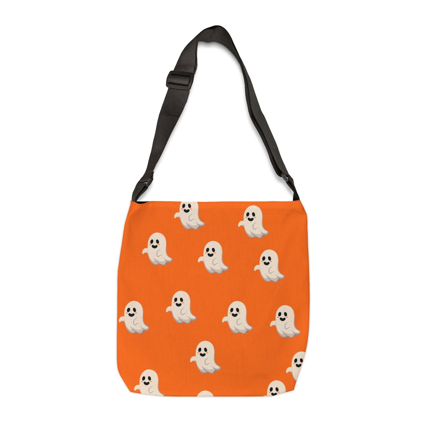 Orange bag with ghost pattern and black strap on a white background
