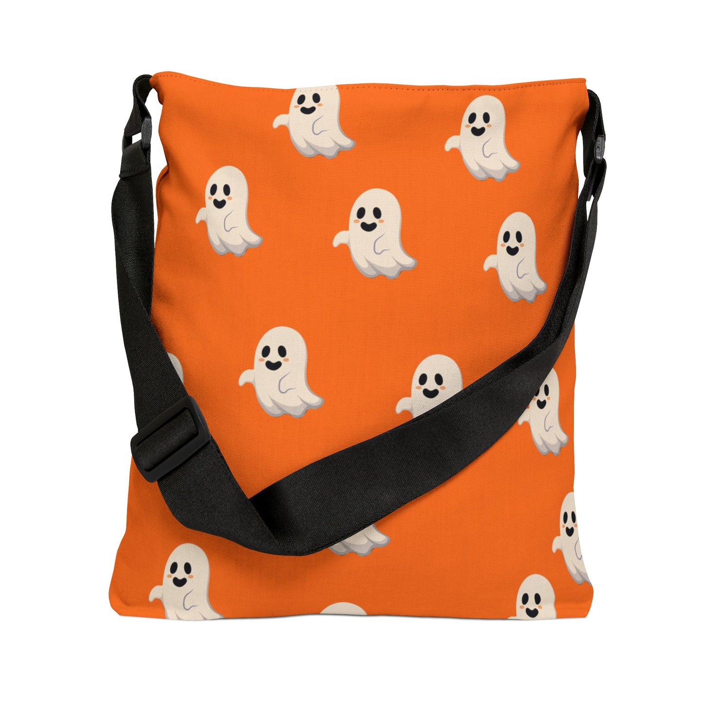 Orange bag with ghost pattern and black strap on a white background
