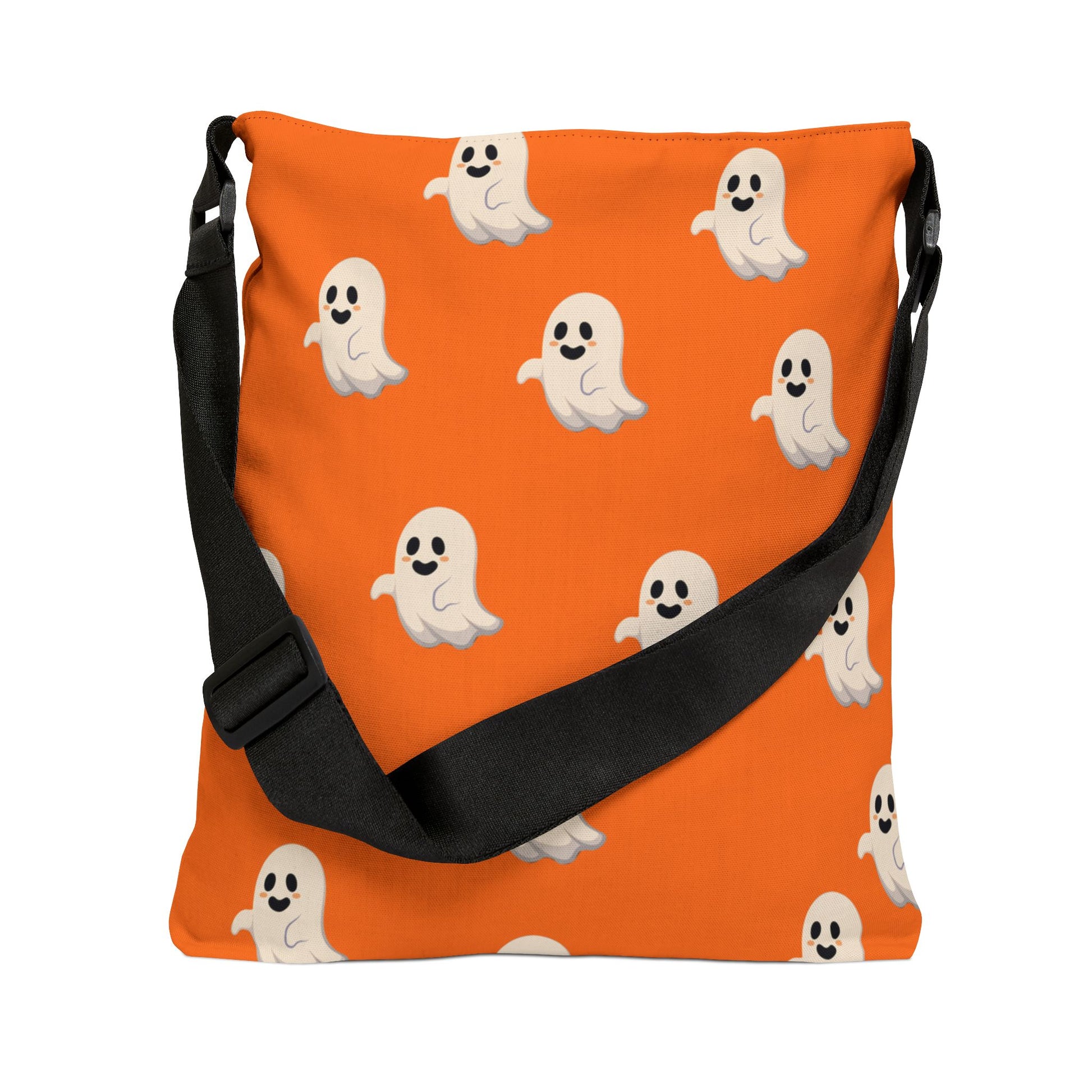 Orange bag with ghost pattern and black strap on a white background