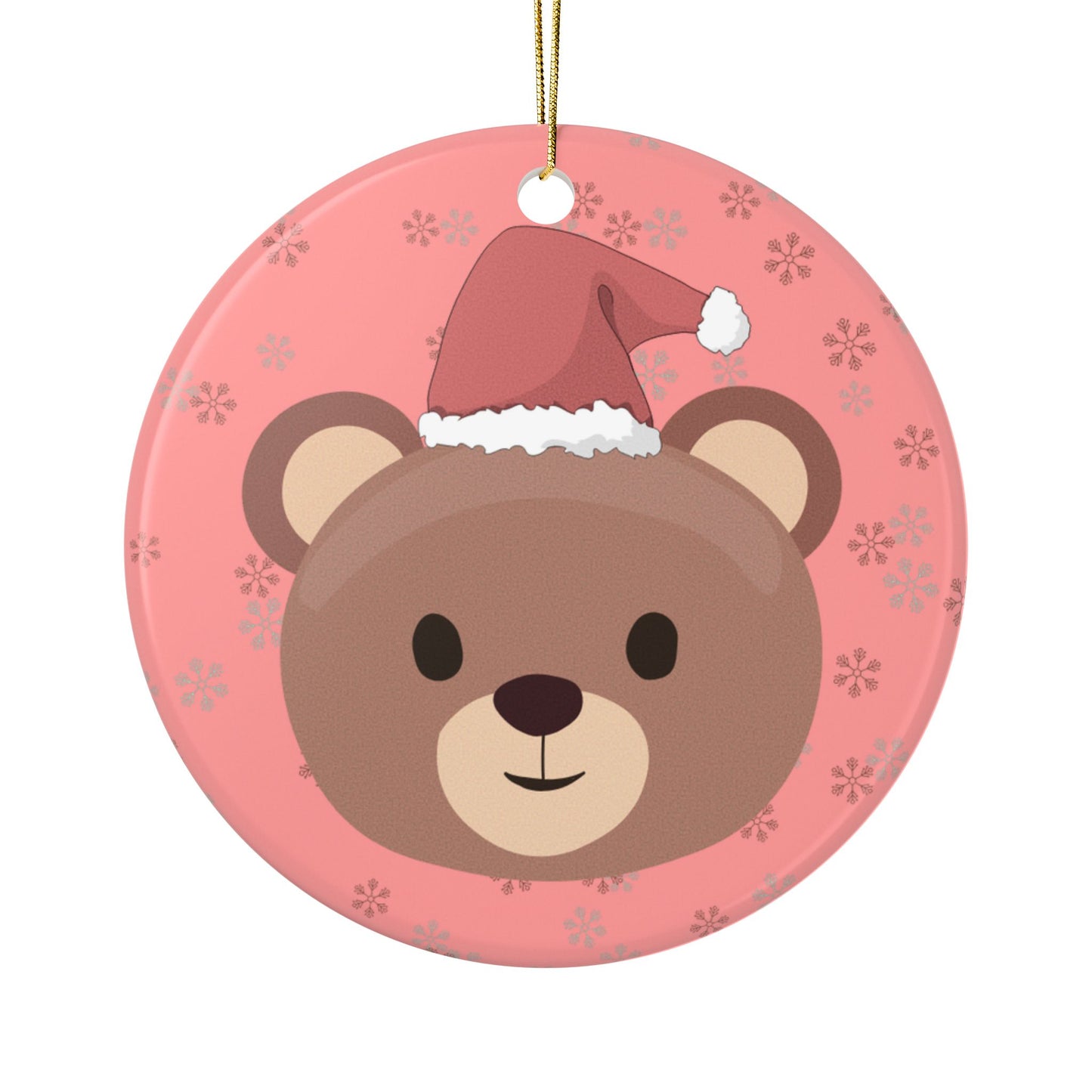 Round red ornament with a bear wearing a Santa hat on a red background