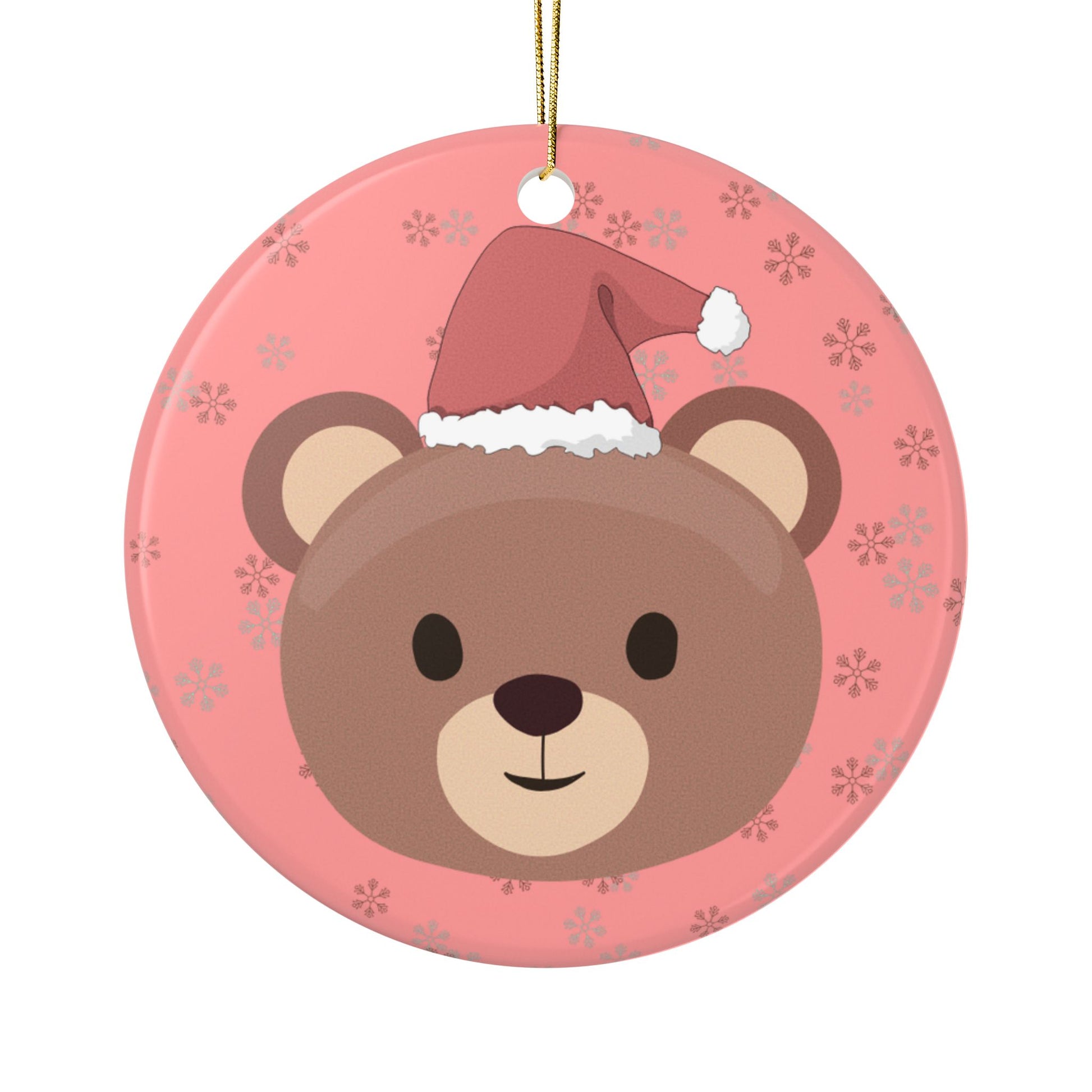 Round red ornament with a bear wearing a Santa hat on a red background