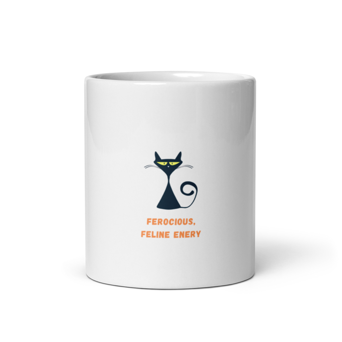 A white mug with a black cat with fericious feline energy written on it.