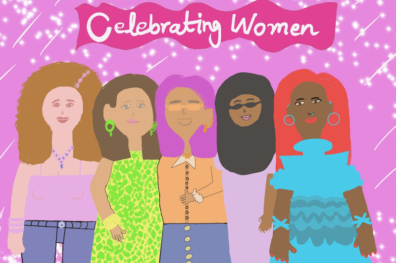 Illustrated poster-style graphic with the words 'Celebrating Women' in white script on a pink banner above five stylized women standing together against a pink sparkly background.