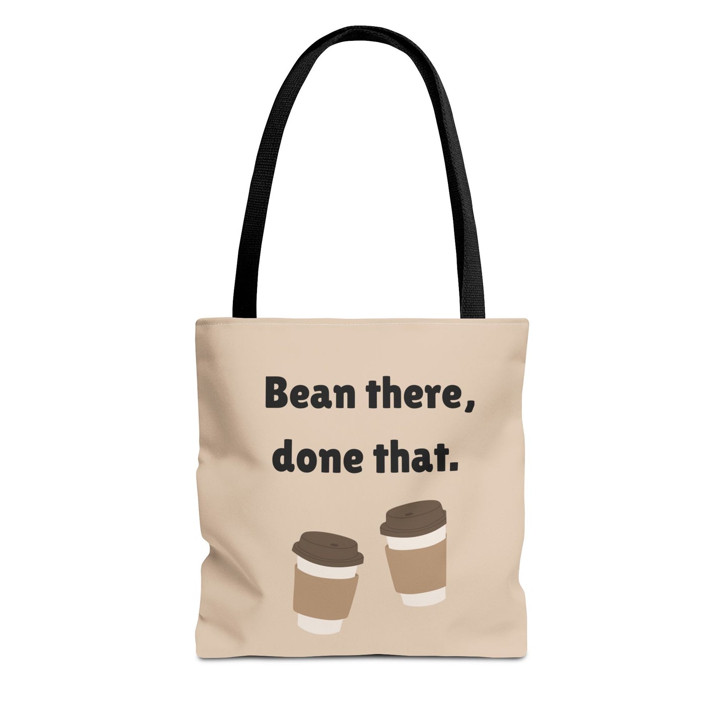 Beige tote bag with 'Bean there, done that' text and coffee cup graphics on a white background