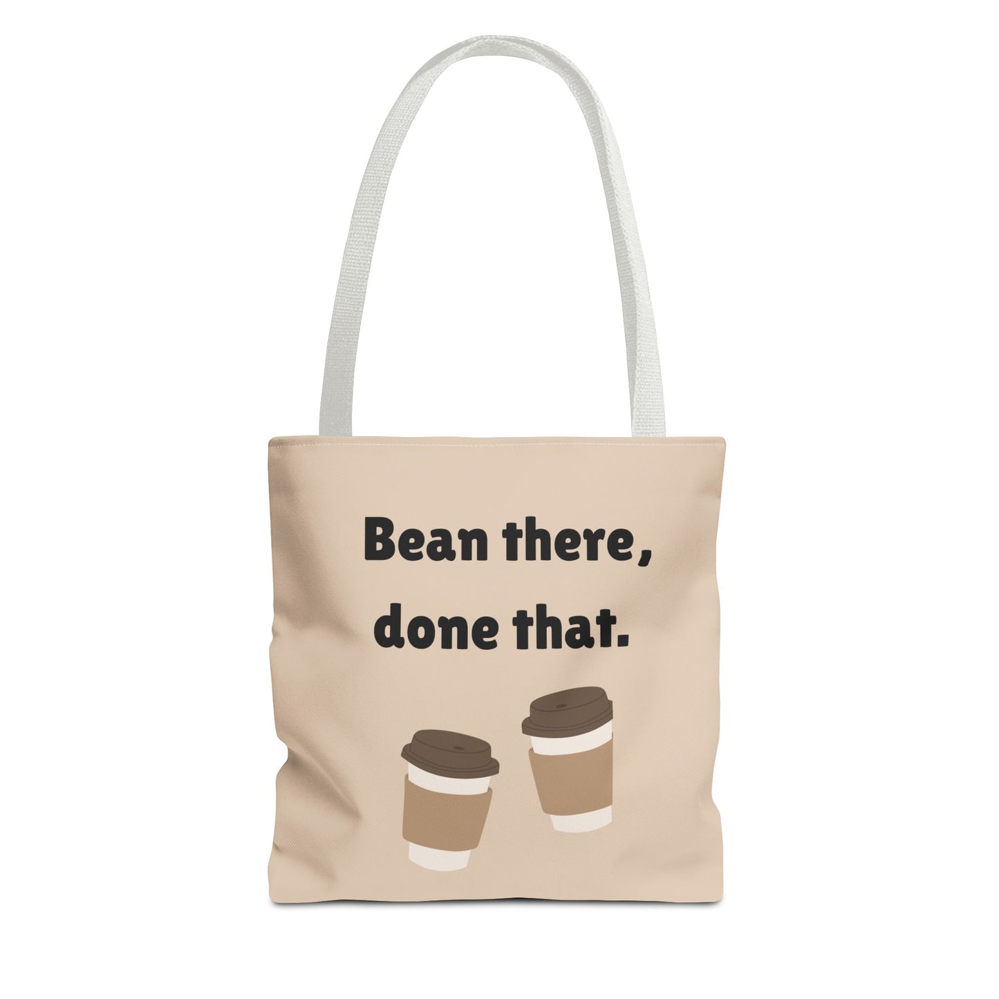 Beige tote bag with 'Bean there, done that' text and coffee cup graphics on a white background