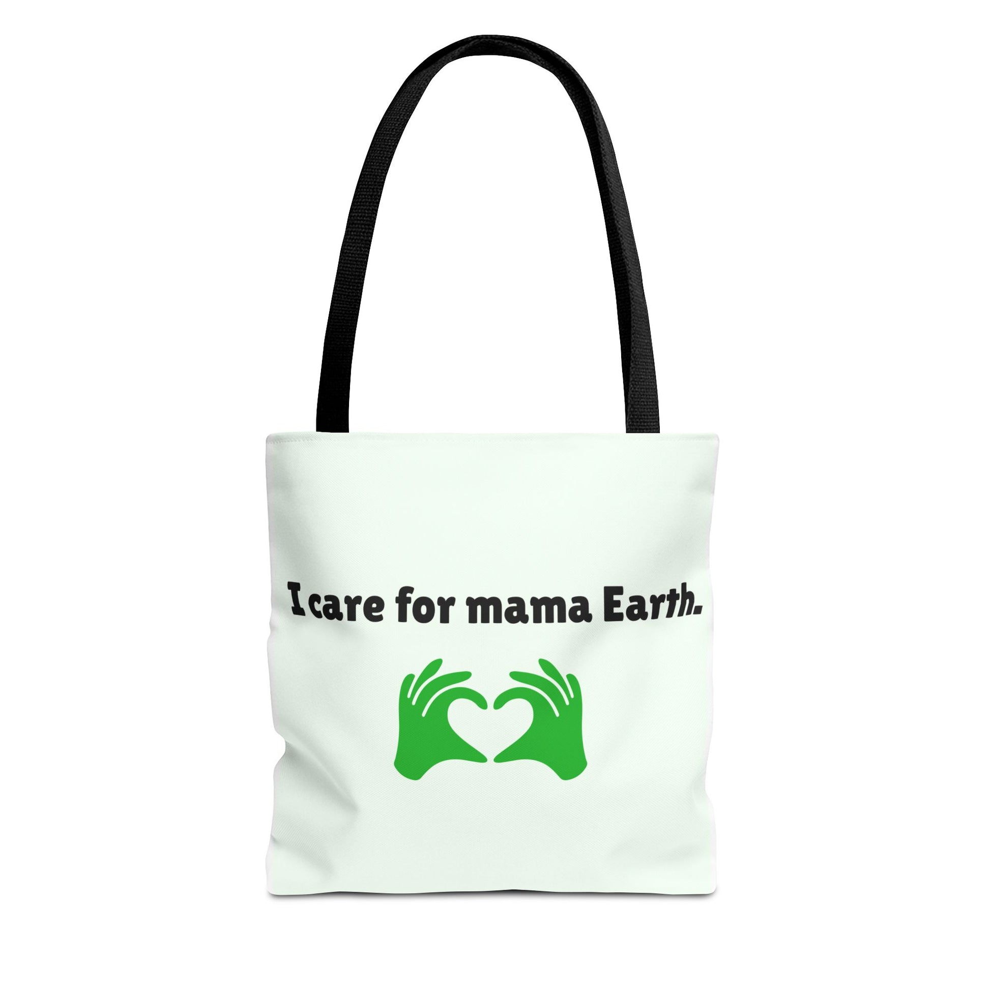 Tote bag with 'I care for mama Earth' text and green heart design on a white background