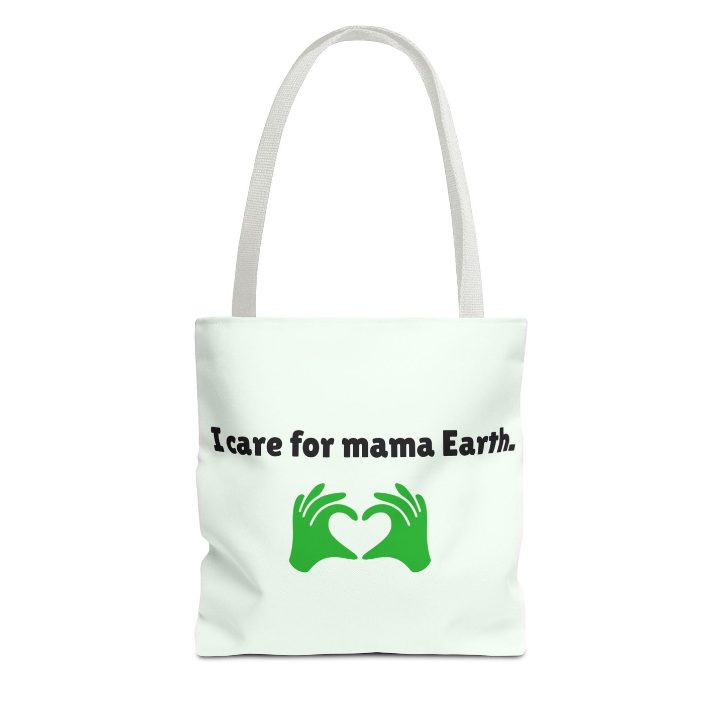 White tote bag with 'I care for mama Earth' text and green heart design on a white background