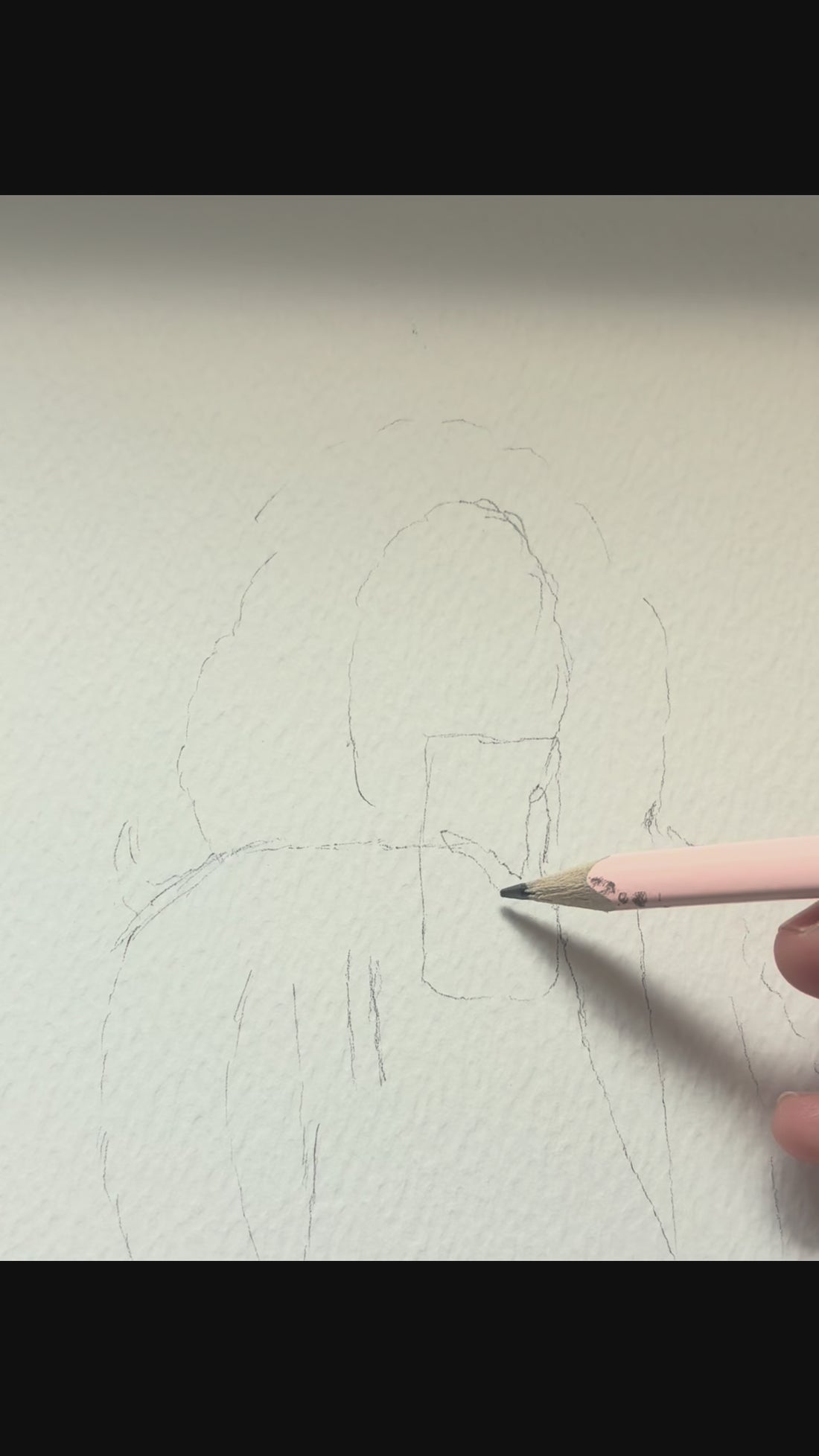 A hand sketching a picture of a girl with a pencil on a sketchbook, painting it and digitally illustrating on an a tablet with a digital pen. The last image shows a physical print of the same picture on a tote bag with the brand's stickers and business card.