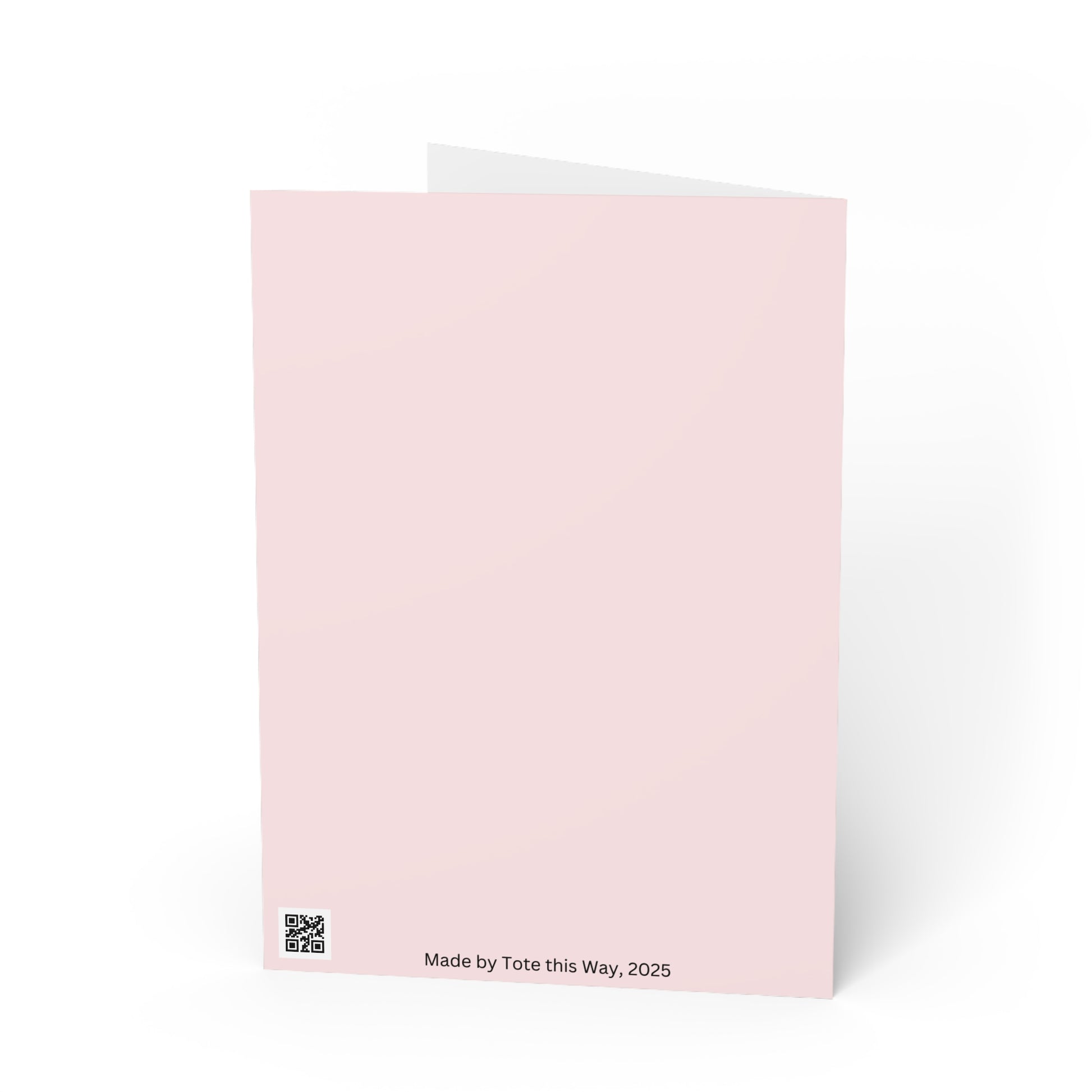Pink card with a QR code and text on a white background
